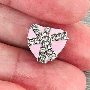 Silver plated pink enamel & paved clear crystal HEART Bracelet charm